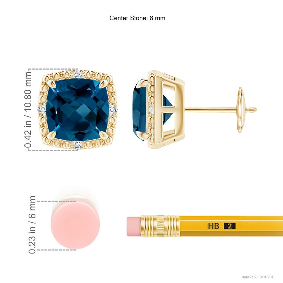 8mm AAAA Cushion London Blue Topaz Halo Stud Earrings in 18K Yellow Gold ruler