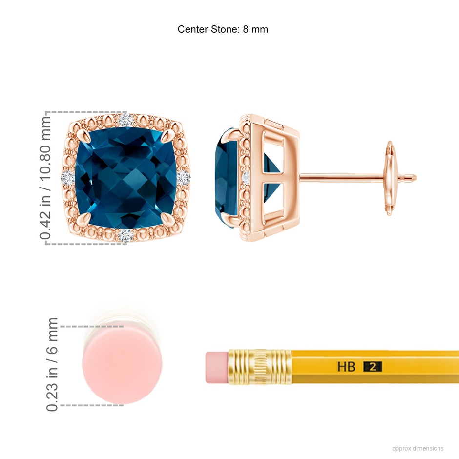 8mm AAAA Cushion London Blue Topaz Halo Stud Earrings in Rose Gold ruler