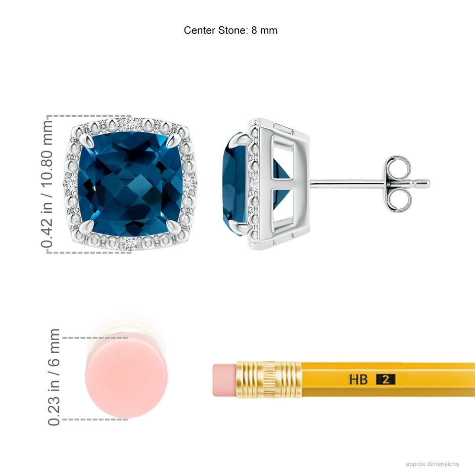 8mm AAAA Cushion London Blue Topaz Halo Stud Earrings in S999 Silver ruler