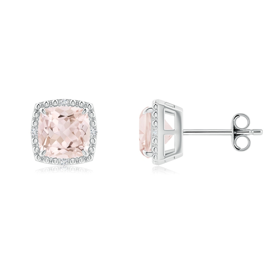 6mm A Claw-Set Cushion Morganite Beaded Halo Stud Earrings in S999 Silver 