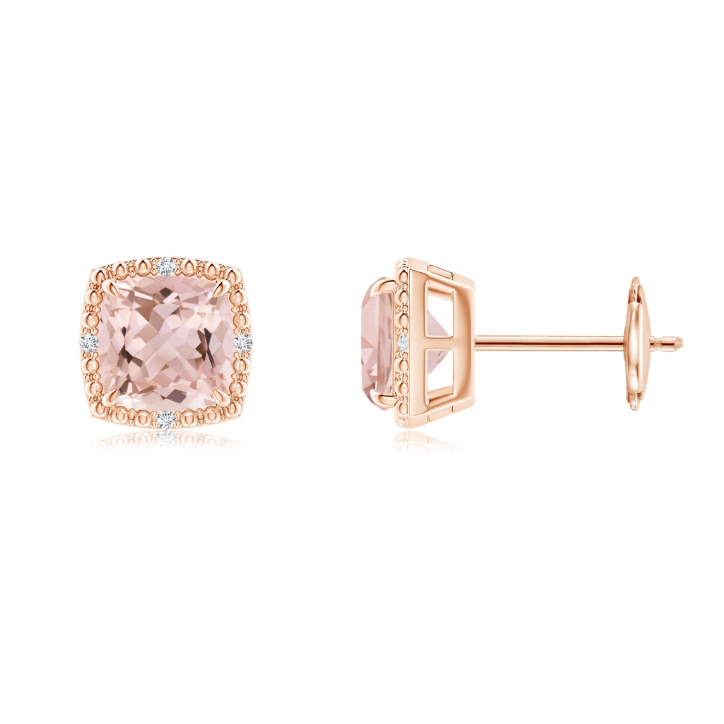 6mm AAAA Claw-Set Cushion Morganite Beaded Halo Stud Earrings in Rose Gold