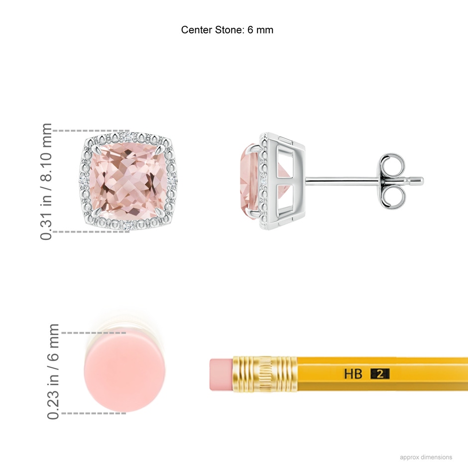 6mm AAAA Claw-Set Cushion Morganite Beaded Halo Stud Earrings in S999 Silver ruler
