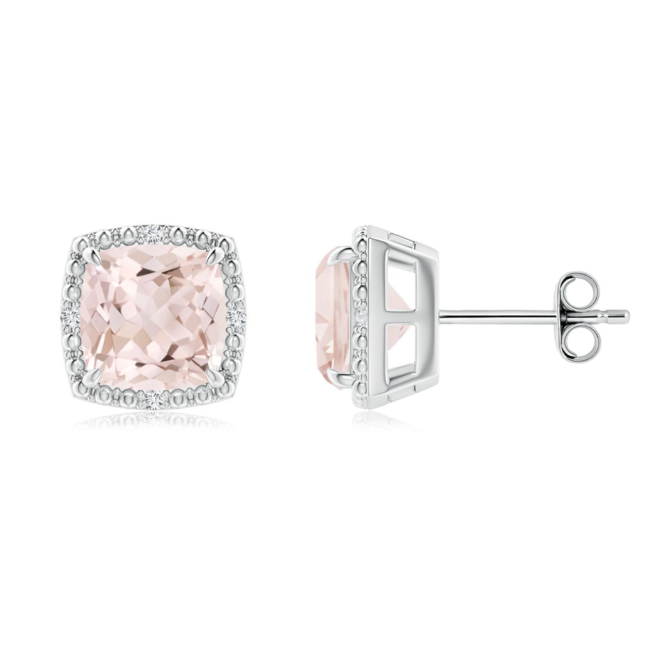 7mm A Claw-Set Cushion Morganite Beaded Halo Stud Earrings in S999 Silver 