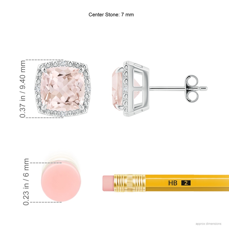 7mm A Claw-Set Cushion Morganite Beaded Halo Stud Earrings in S999 Silver ruler