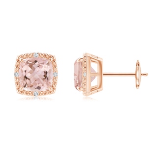 7mm AAAA Claw-Set Cushion Morganite Beaded Halo Stud Earrings in Rose Gold