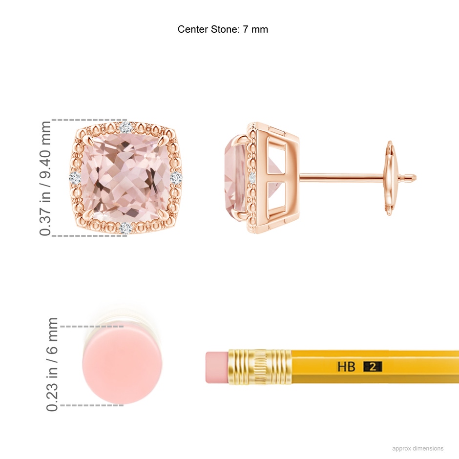 7mm AAAA Claw-Set Cushion Morganite Beaded Halo Stud Earrings in Rose Gold ruler