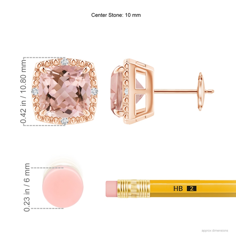8mm AAAA Claw-Set Cushion Morganite Beaded Halo Stud Earrings in Rose Gold ruler