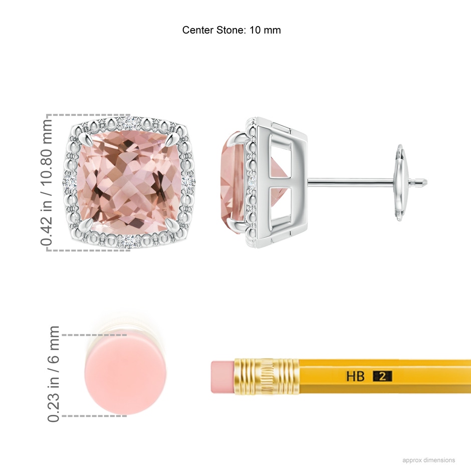 8mm AAAA Claw-Set Cushion Morganite Beaded Halo Stud Earrings in White Gold ruler
