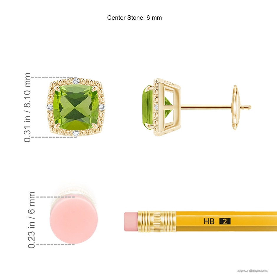 6mm AAA Claw-Set Cushion Peridot Beaded Halo Stud Earrings in Yellow Gold ruler