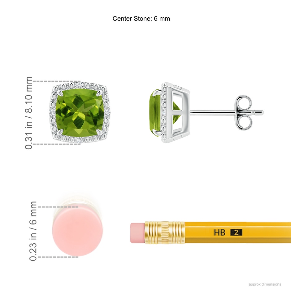 6mm AAAA Claw-Set Cushion Peridot Beaded Halo Stud Earrings in S999 Silver ruler