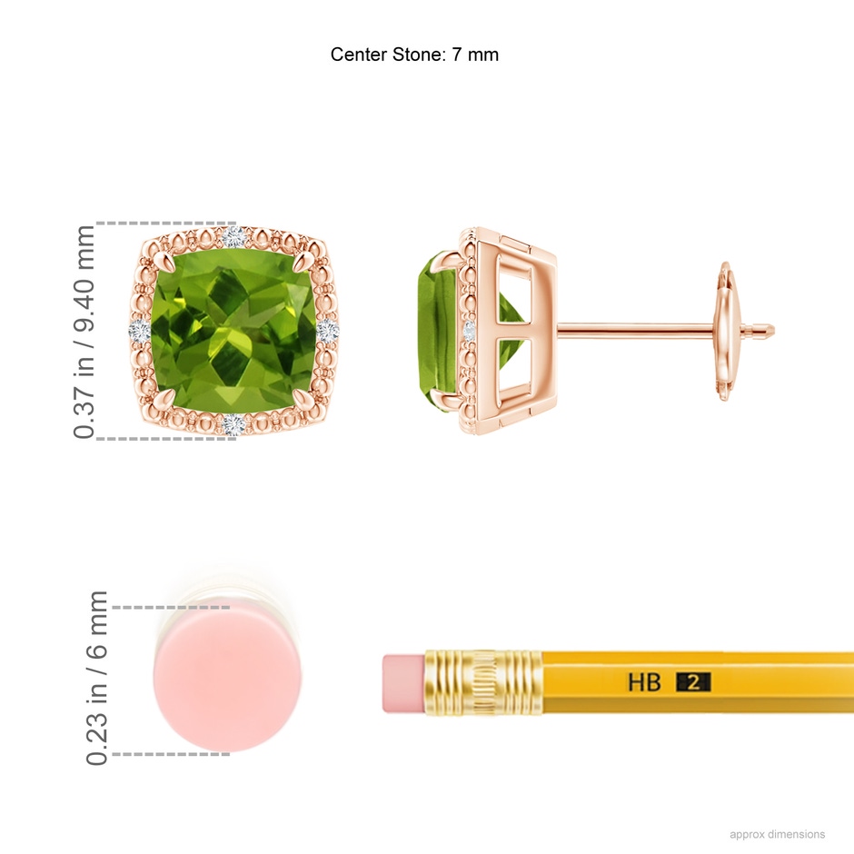 7mm AAAA Claw-Set Cushion Peridot Beaded Halo Stud Earrings in Rose Gold ruler