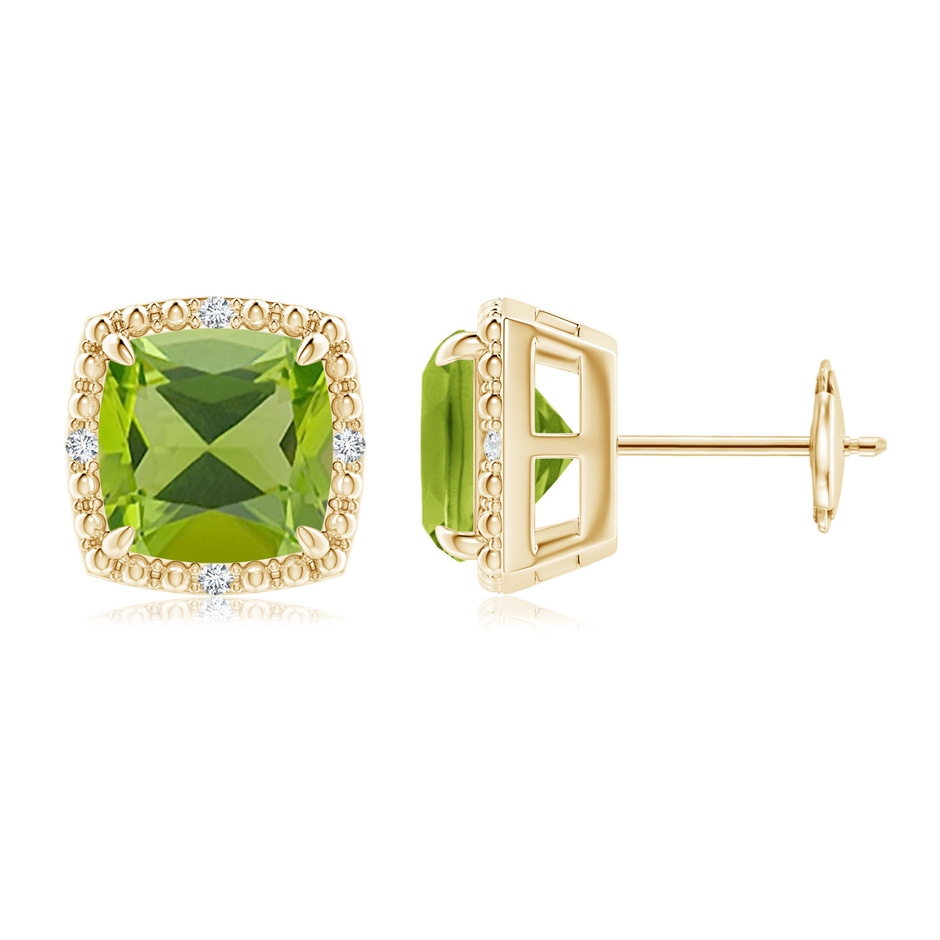 8mm AAA Claw-Set Cushion Peridot Beaded Halo Stud Earrings in Yellow Gold 