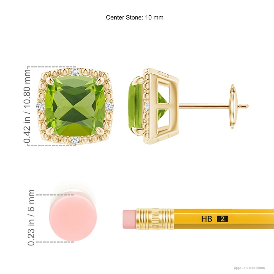 8mm AAA Claw-Set Cushion Peridot Beaded Halo Stud Earrings in Yellow Gold ruler