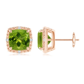 8mm AAAA Claw-Set Cushion Peridot Beaded Halo Stud Earrings in Rose Gold