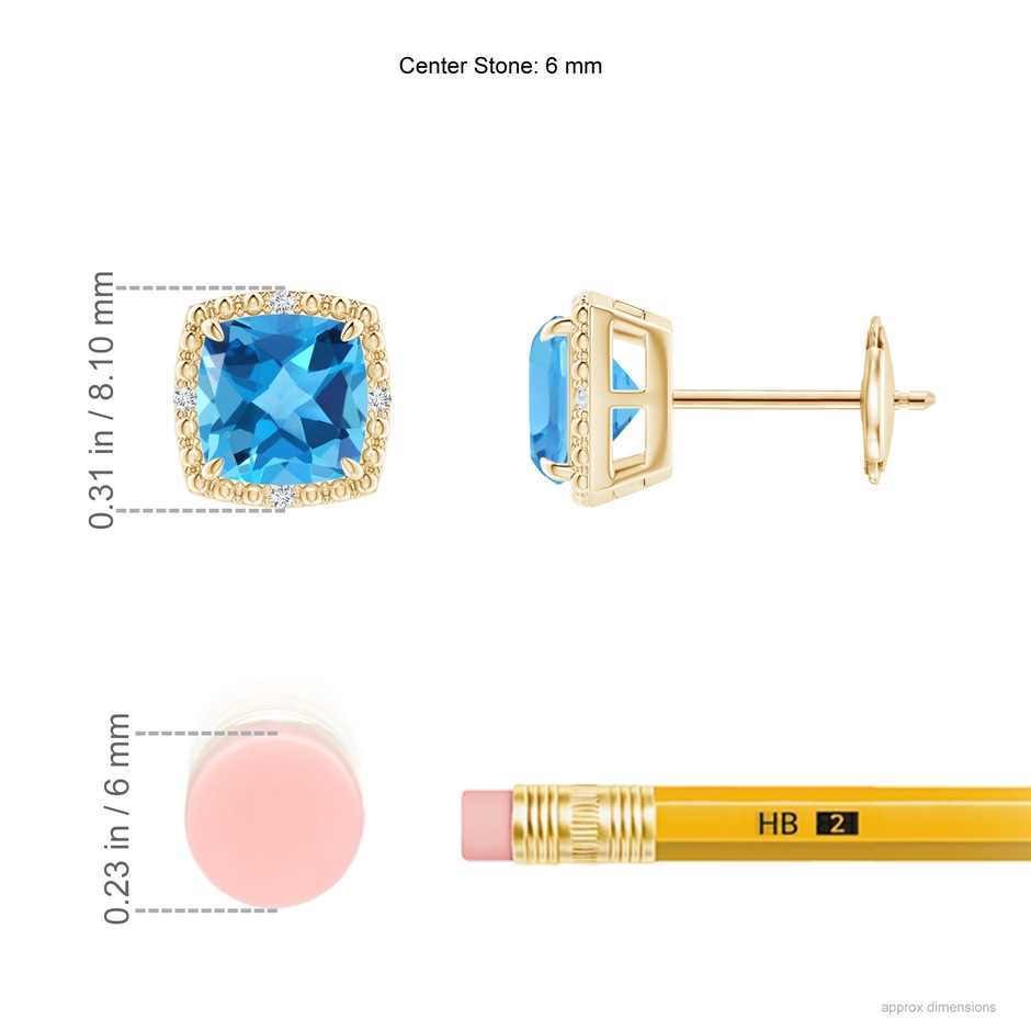 6mm AAA Claw-Set Cushion Swiss Blue Topaz Beaded Halo Stud Earrings in Yellow Gold ruler