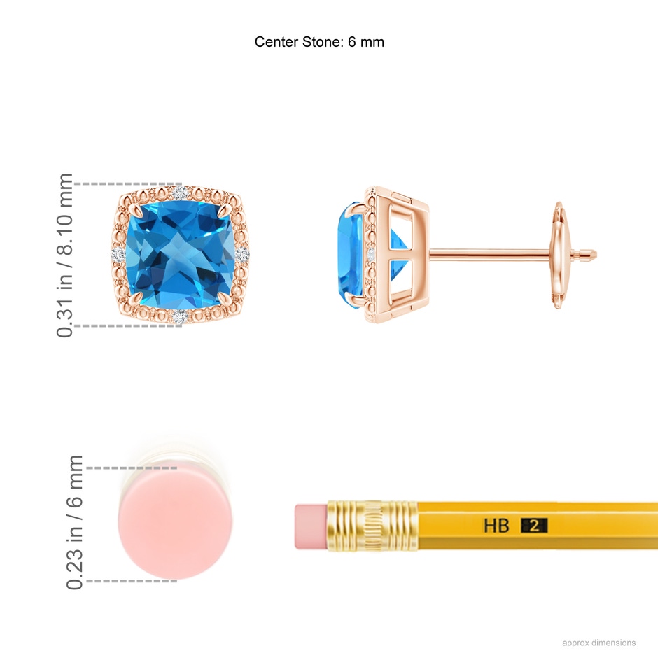 6mm AAAA Claw-Set Cushion Swiss Blue Topaz Beaded Halo Stud Earrings in Rose Gold ruler