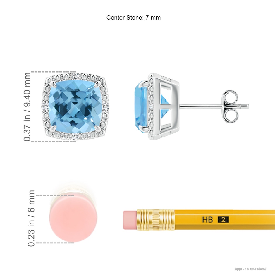 7mm A Claw-Set Cushion Swiss Blue Topaz Beaded Halo Stud Earrings in S999 Silver ruler