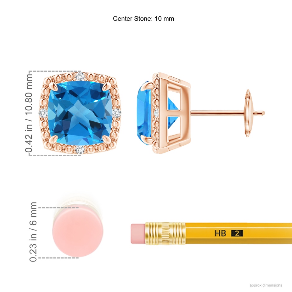 8mm AAAA Claw-Set Cushion Swiss Blue Topaz Beaded Halo Stud Earrings in Rose Gold ruler