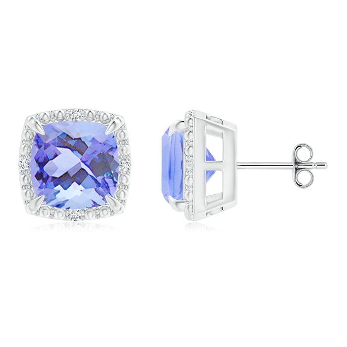 8mm A Claw-Set Cushion Tanzanite Beaded Halo Stud Earrings in S999 Silver