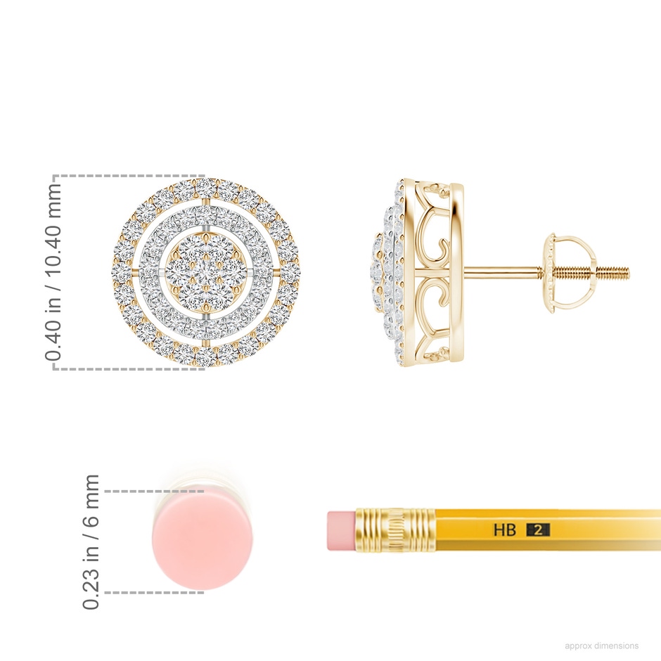 1.3mm HSI2 Floating Diamond Clustre Halo Stud Earrings in Two Tone in Yellow Gold White Gold Ruler