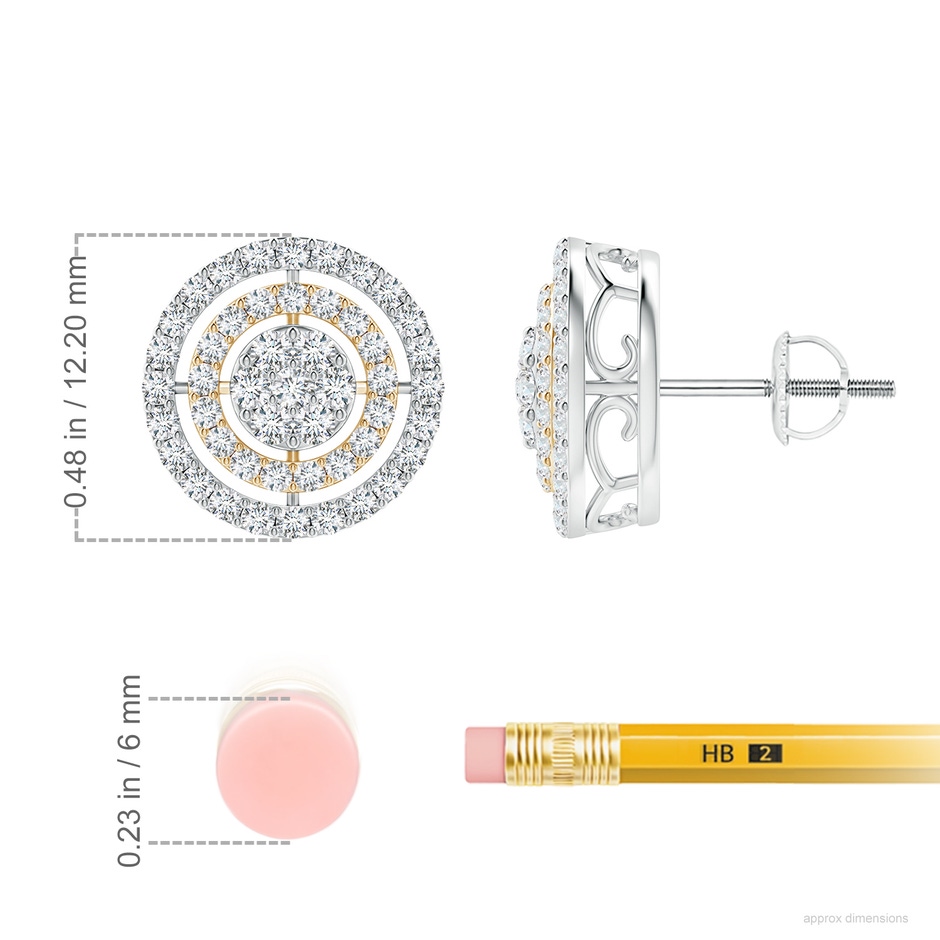 1.4mm GVS2 Floating Diamond Clustre Halo Stud Earrings in Two Tone in White Gold Yellow Gold ruler