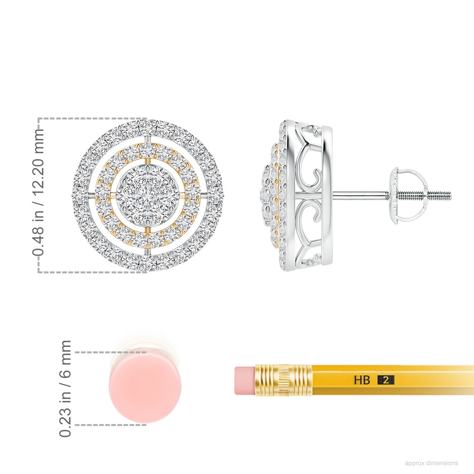 1.4mm HSI2 Floating Diamond Clustre Halo Stud Earrings in Two Tone in White Gold Yellow Gold Ruler