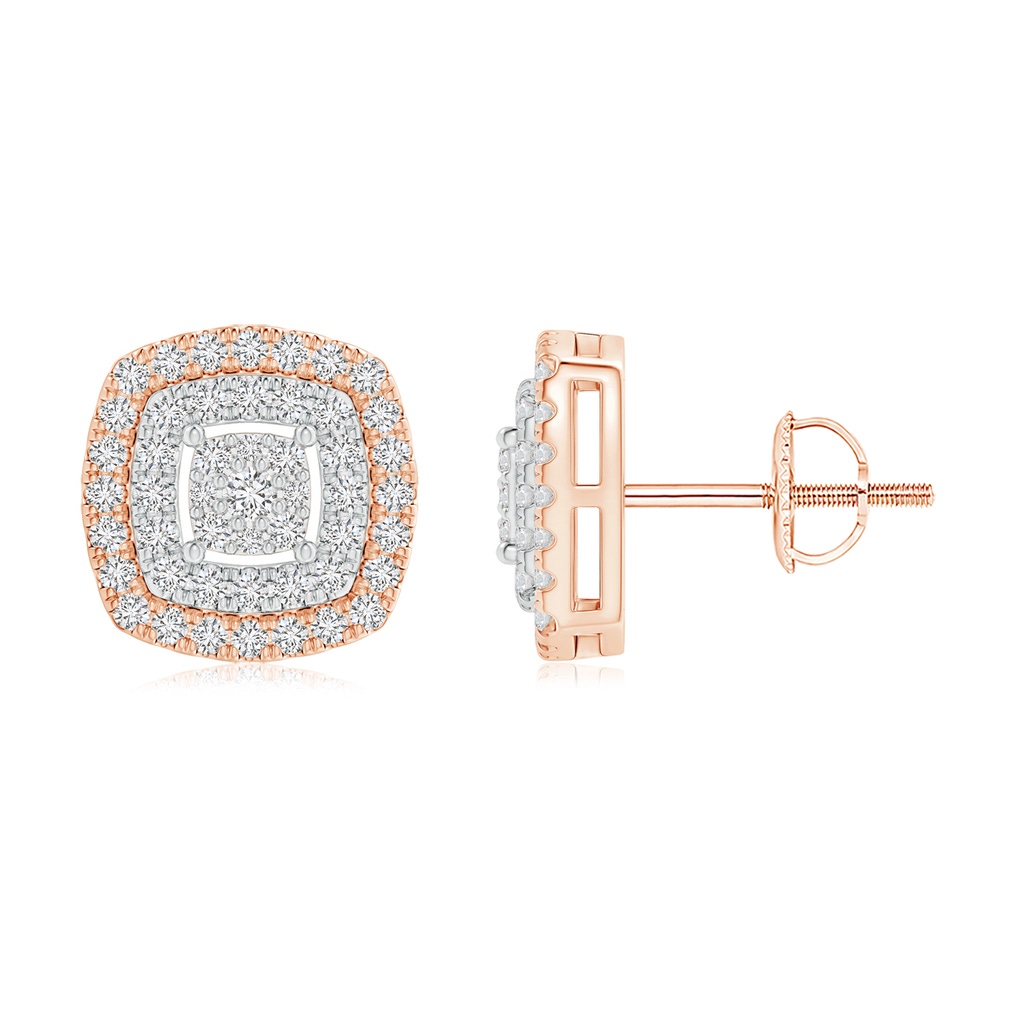 1.6mm HSI2 Clustre Diamond Cushion Double Halo Earrings in Two Tone in Rose Gold White Gold