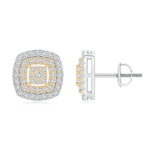 1.6mm HSI2 Clustre Diamond Cushion Double Halo Earrings in Two Tone in White Gold Yellow Gold