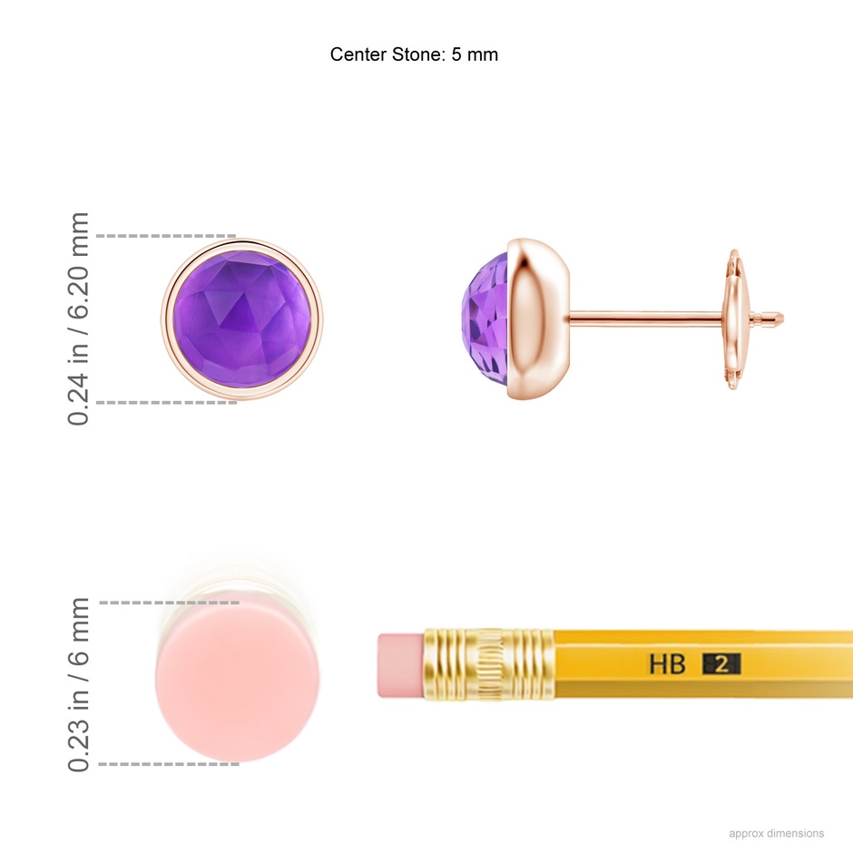 5mm AAA Bezel Set Amethyst Solitaire Stud Earrings in Rose Gold ruler