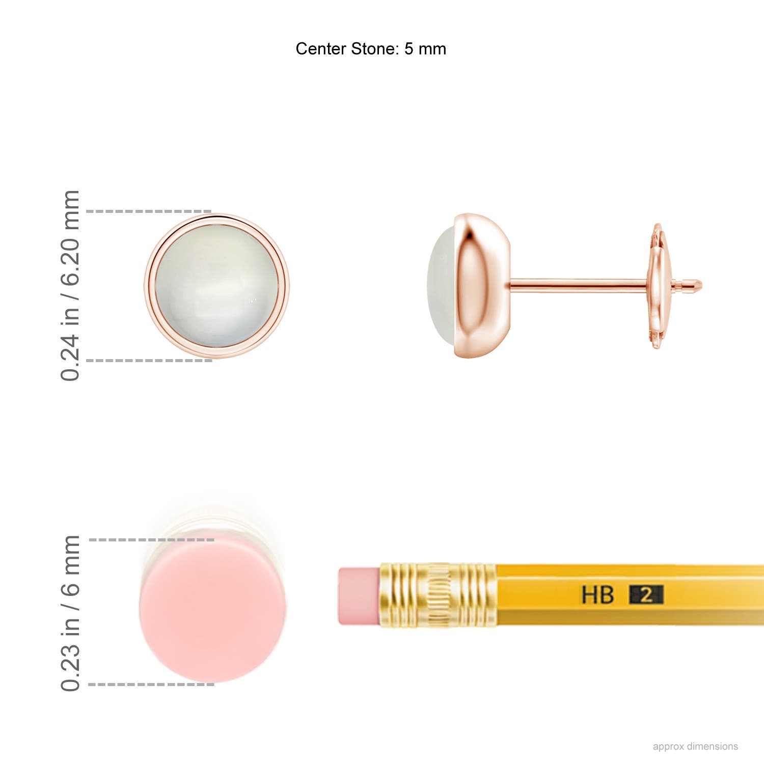 5mm AAA Bezel Set Moonstone Solitaire Stud Earrings in Rose Gold - ruler