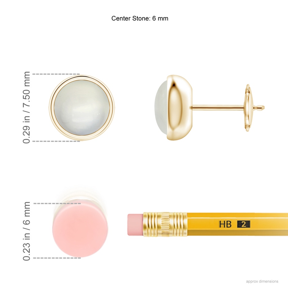 6mm AAA Bezel Set Moonstone Solitaire Stud Earrings in 10K Yellow Gold ruler
