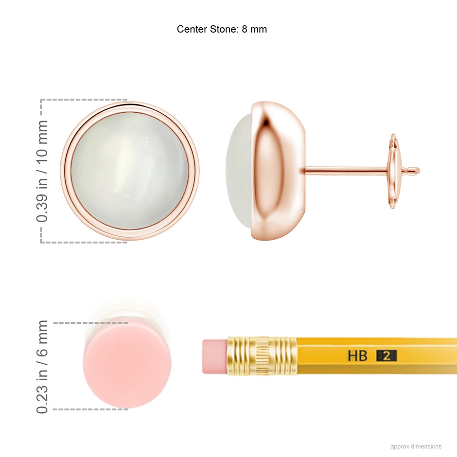 8mm AAAA Bezel Set Moonstone Solitaire Stud Earrings in 18K Rose Gold ruler