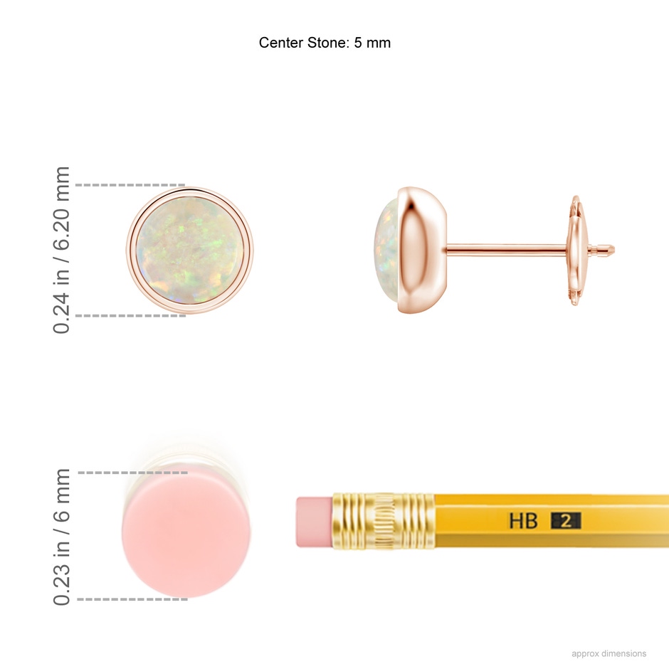 5mm AAA Bezel Set Opal Solitaire Stud Earrings in 9K Rose Gold ruler