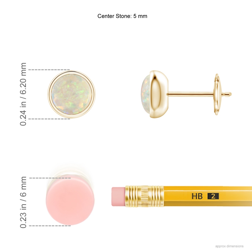 5mm AAA Bezel Set Opal Solitaire Stud Earrings in 9K Yellow Gold Ruler