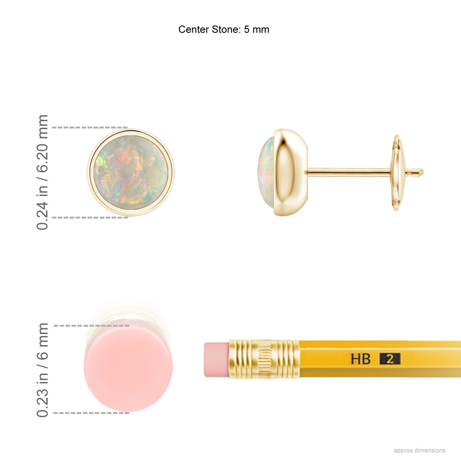5mm AAAA Bezel Set Opal Solitaire Stud Earrings in Yellow Gold ruler