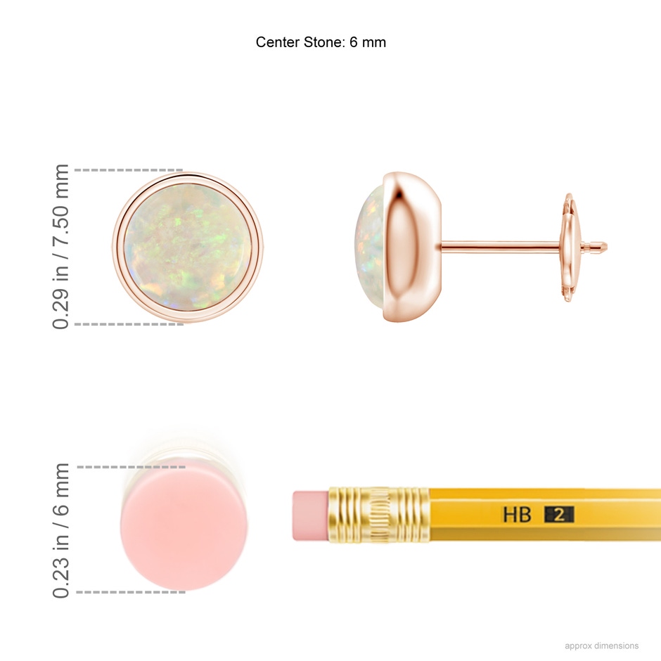 6mm AAA Bezel Set Opal Solitaire Stud Earrings in Rose Gold ruler