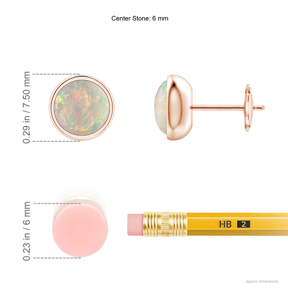 6mm AAAA Bezel Set Opal Solitaire Stud Earrings in Rose Gold ruler