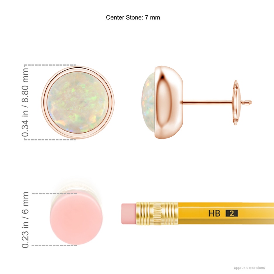7mm AAA Bezel Set Opal Solitaire Stud Earrings in Rose Gold ruler