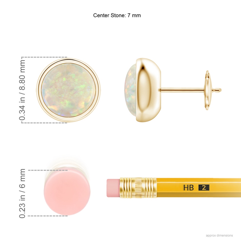 7mm AAA Bezel Set Opal Solitaire Stud Earrings in Yellow Gold ruler