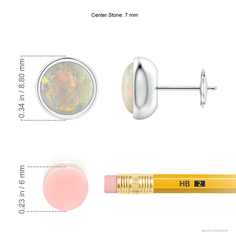 7mm AAAA Bezel Set Opal Solitaire Stud Earrings in White Gold ruler