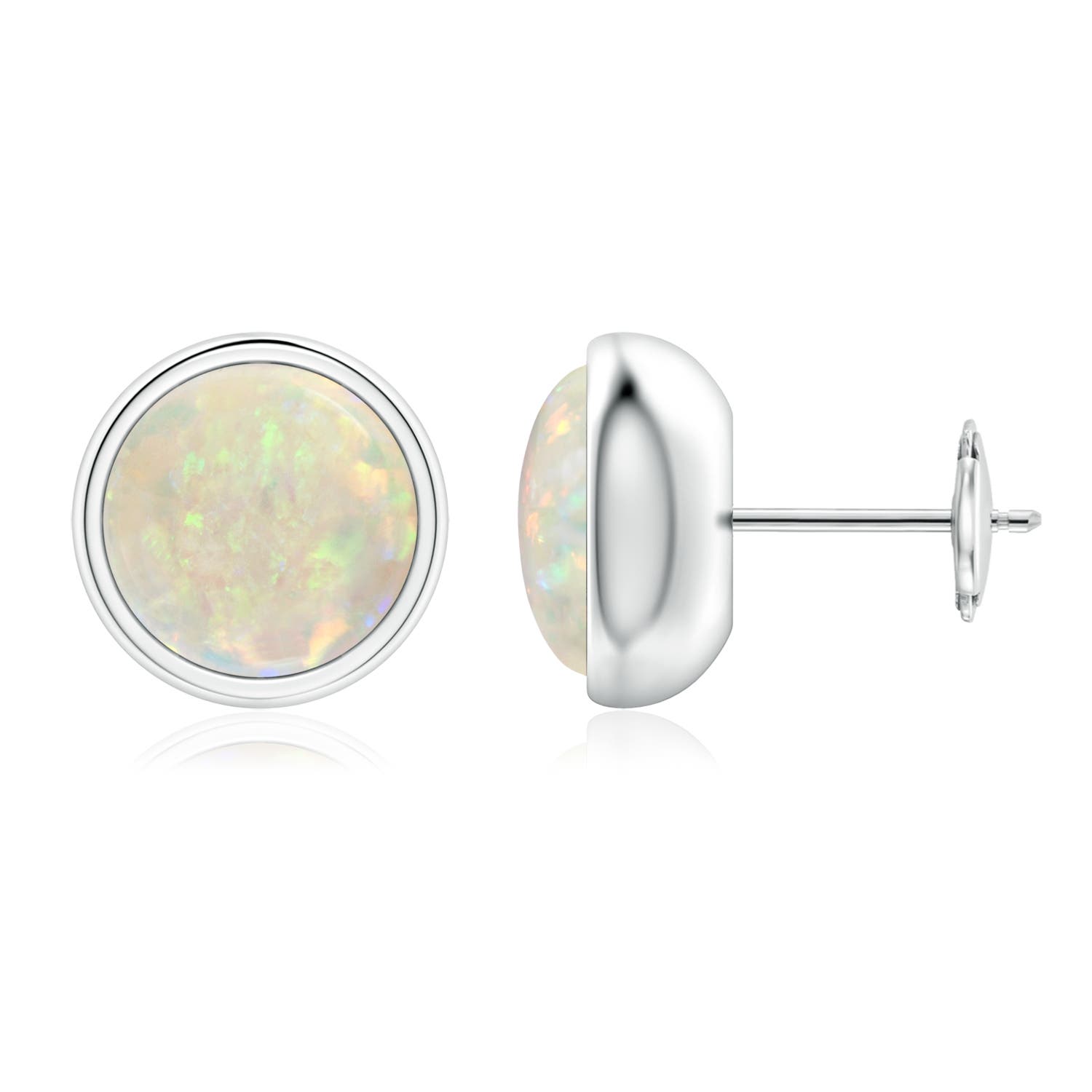 8mm AAA Bezel Set Opal Solitaire Stud Earrings in 18K White Gold