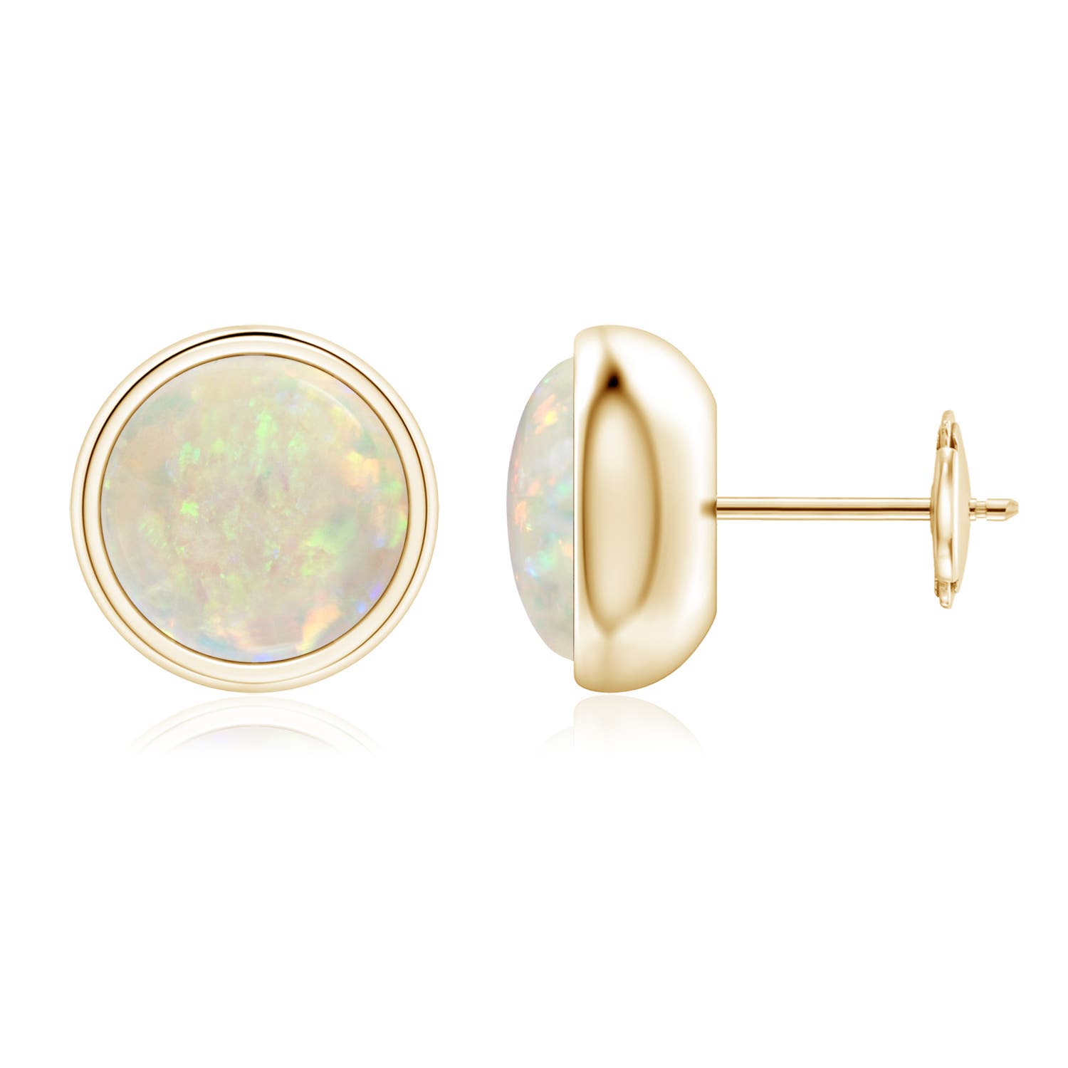 8mm AAA Bezel Set Opal Solitaire Stud Earrings in 18K Yellow Gold