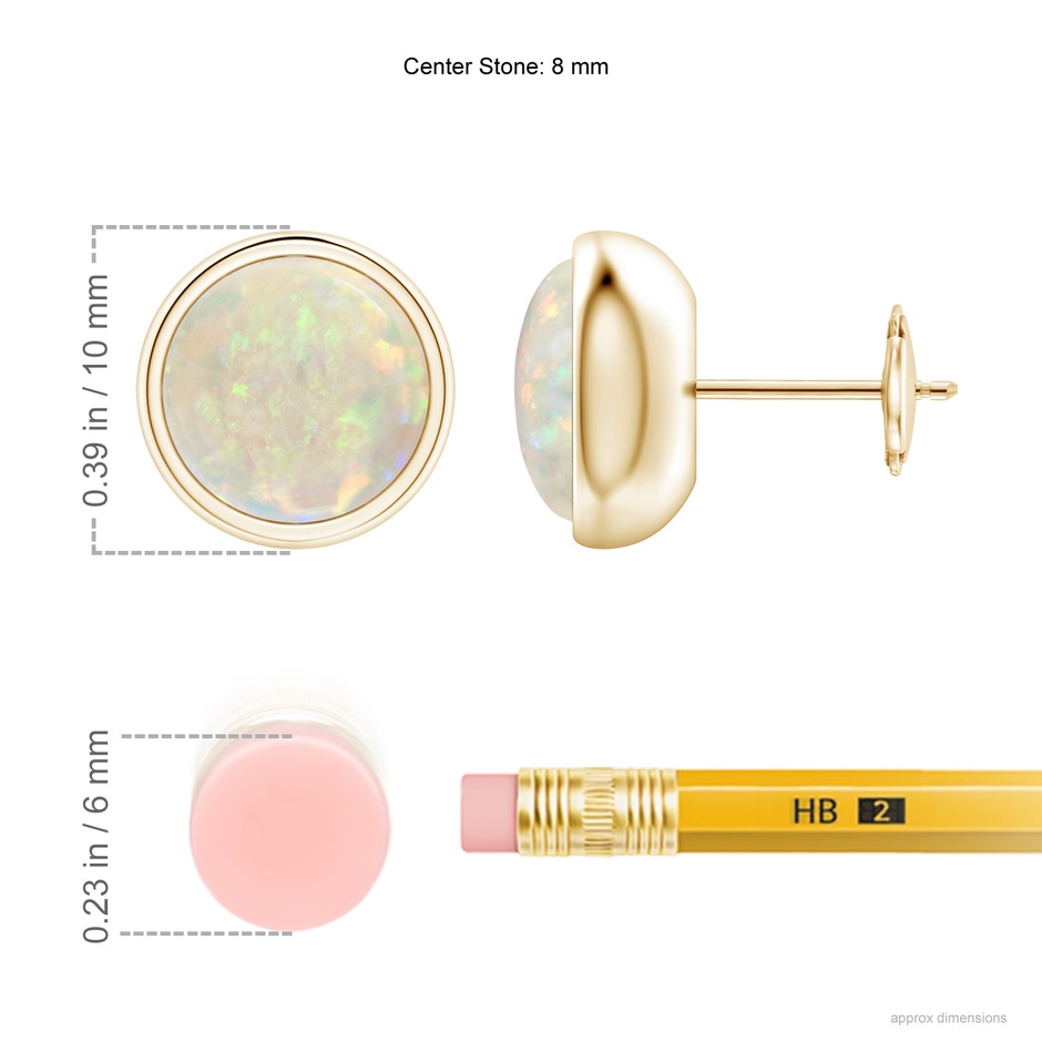 8mm AAA Bezel Set Opal Solitaire Stud Earrings in Yellow Gold ruler