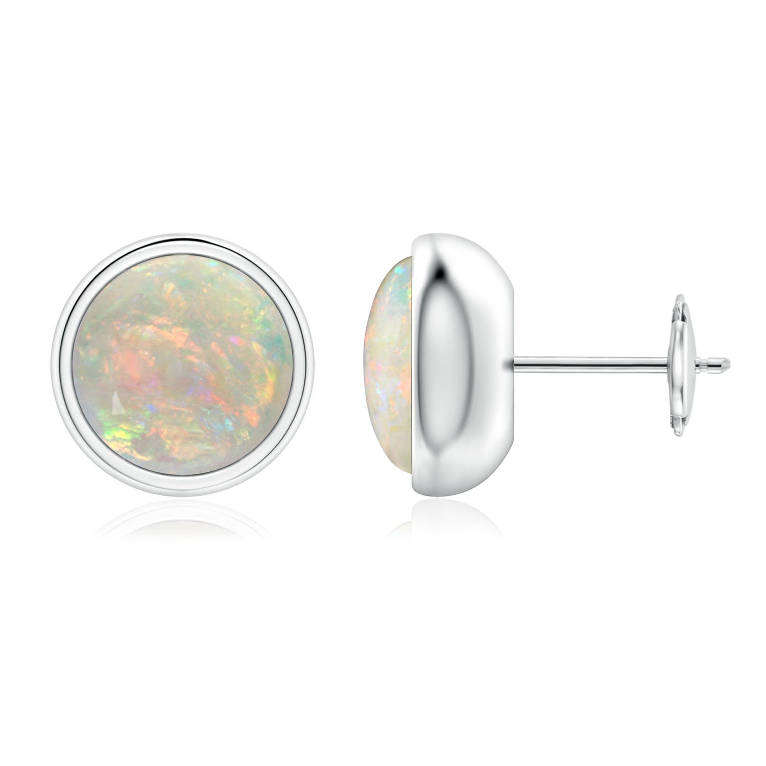 8mm AAAA Bezel Set Opal Solitaire Stud Earrings in 18K White Gold