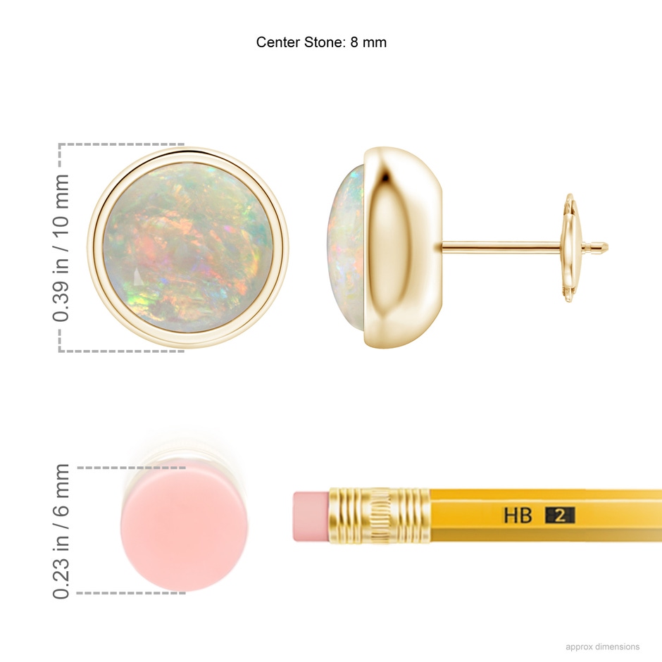 8mm AAAA Bezel Set Opal Solitaire Stud Earrings in Yellow Gold ruler