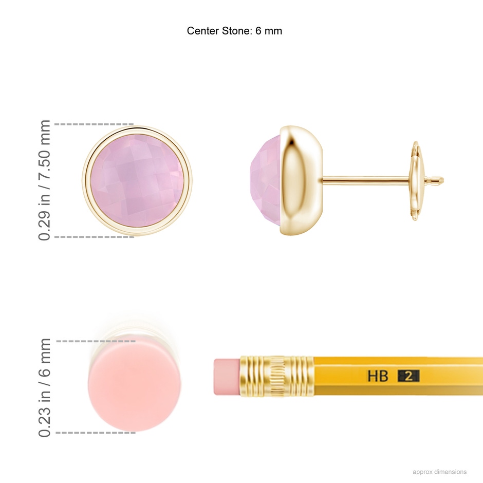 6mm AAAA Bezel Set Rose Quartz Solitaire Stud Earrings in Yellow Gold ruler