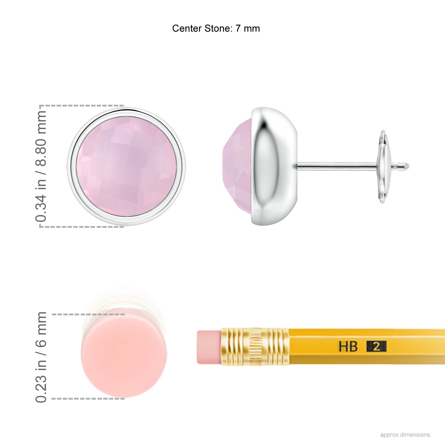 7mm AAA Bezel Set Rose Quartz Solitaire Stud Earrings in 18K White Gold - ruler