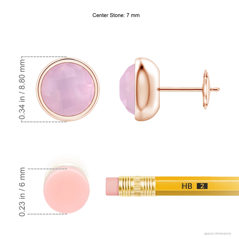 7mm AAAA Bezel Set Rose Quartz Solitaire Stud Earrings in Rose Gold ruler
