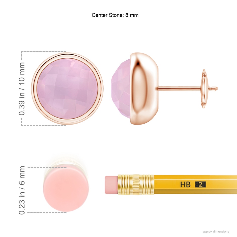 8mm AAAA Bezel Set Rose Quartz Solitaire Stud Earrings in Rose Gold ruler