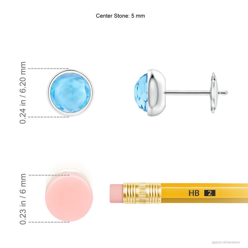 5mm AAA Bezel Set Swiss Blue Topaz Solitaire Stud Earrings in 18K White Gold ruler